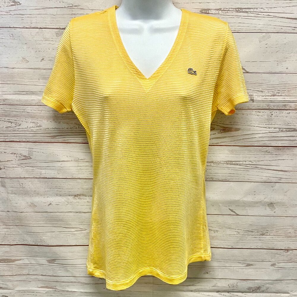 Lacoste Vintage v-neck textured striped short sleeve top